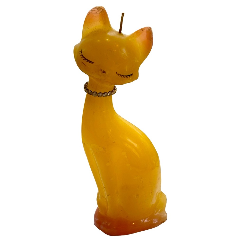 Vintage Yellow Cat Shaped Candle with‎ Rhinestone Collar